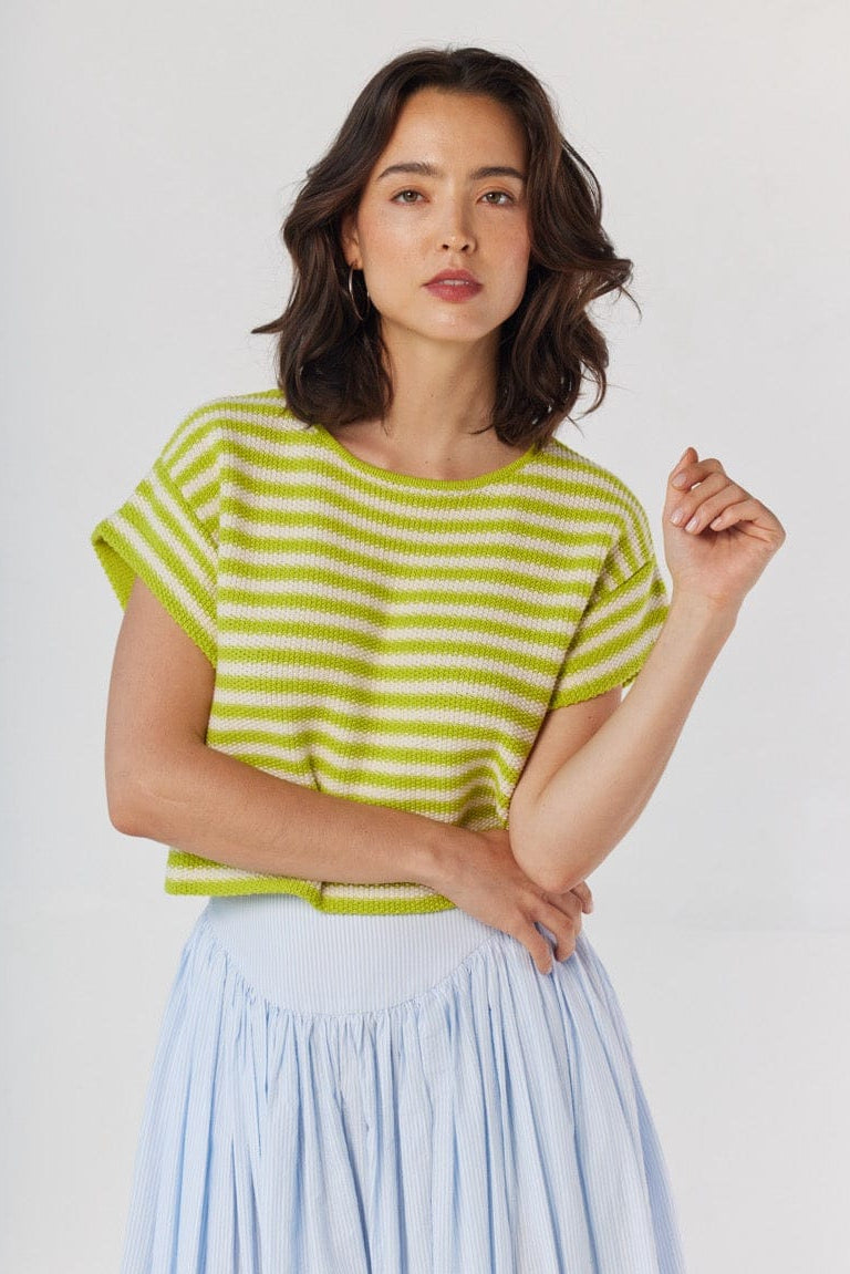 Kerry Tee in Lemongrass Stripe Pima Cotton Tops CHRISTINE ALCALAY