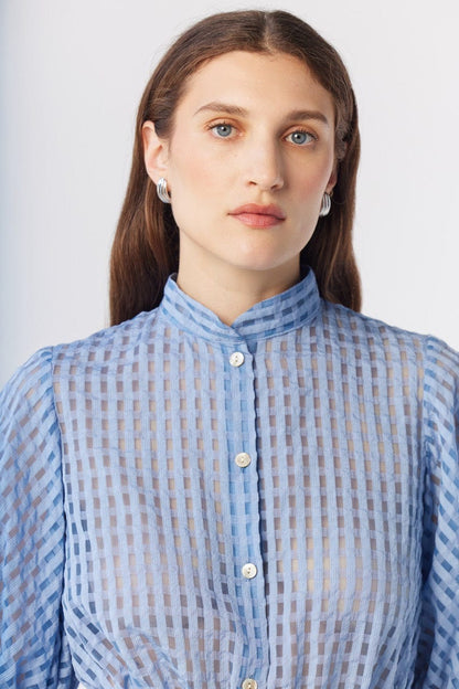 Livia Blouse in Bluebell Windowpane Cotton Blend Tops CHRISTINE ALCALAY