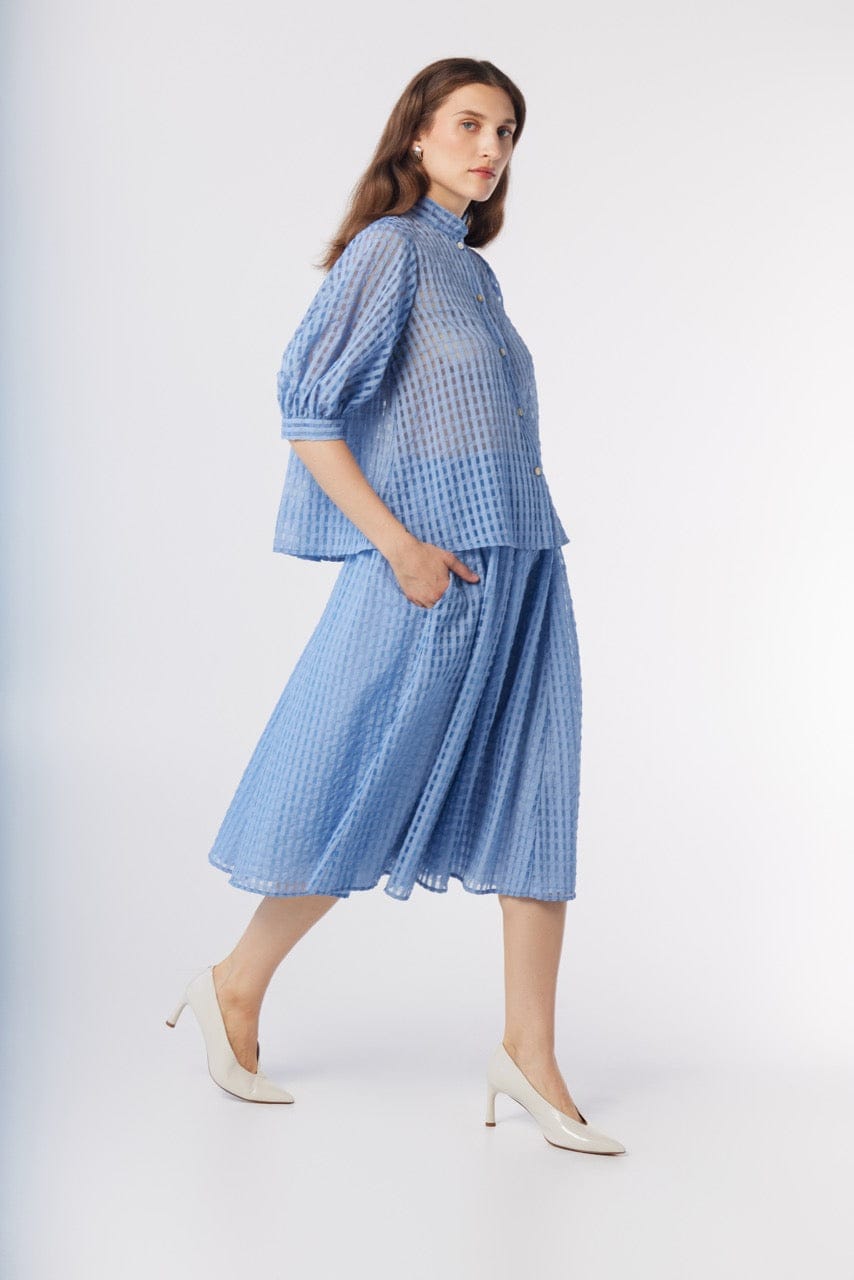 Livia Blouse in Bluebell Windowpane Cotton Blend Tops CHRISTINE ALCALAY