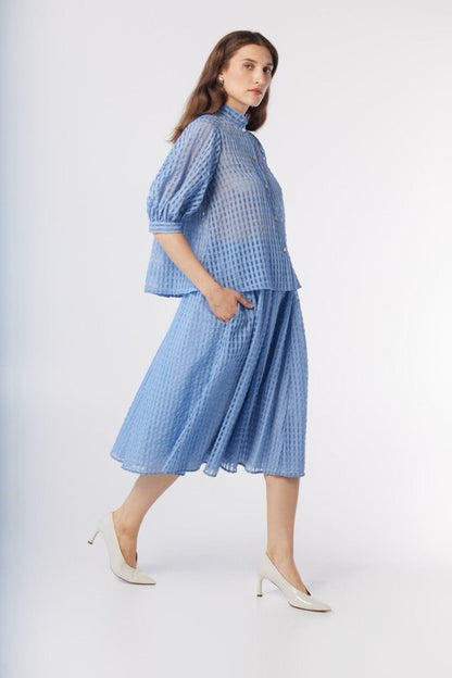 Livia Blouse in Bluebell Windowpane Cotton Blend Tops CHRISTINE ALCALAY