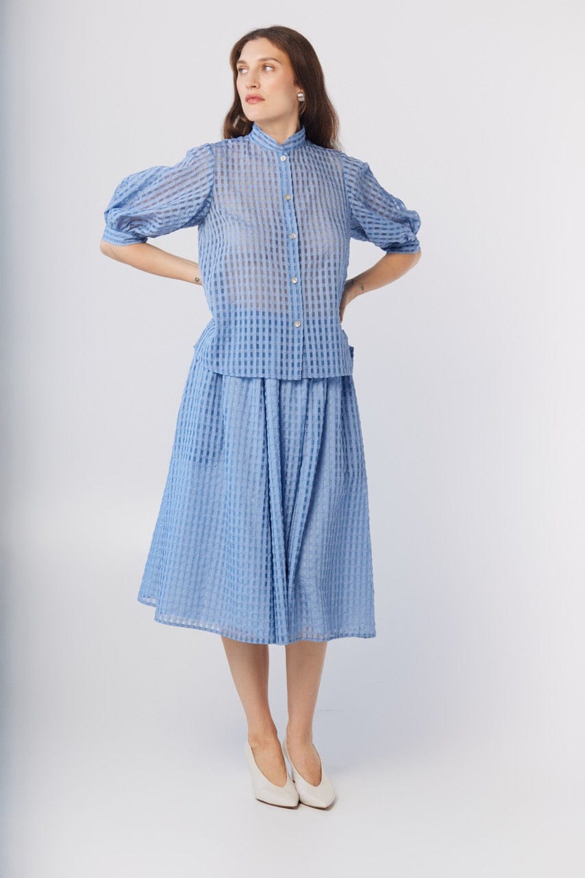 Livia Blouse in Bluebell Windowpane Cotton Blend Tops CHRISTINE ALCALAY