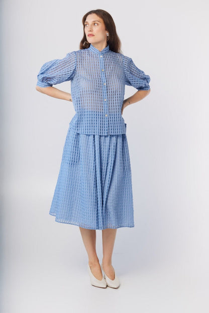 Livia Blouse in Bluebell Windowpane Cotton Blend Tops CHRISTINE ALCALAY