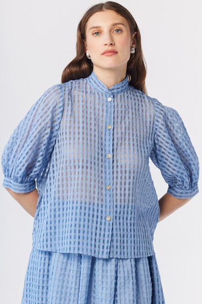 Livia Blouse in Bluebell Windowpane Cotton Blend Tops CHRISTINE ALCALAY