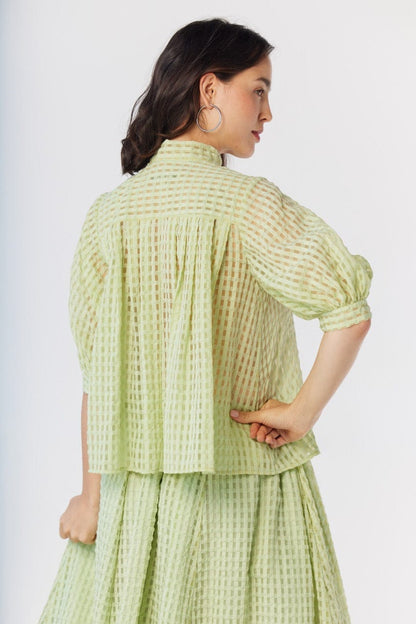 Livia Blouse in Pistachio Windowpane Cotton Blend Tops CHRISTINE ALCALAY