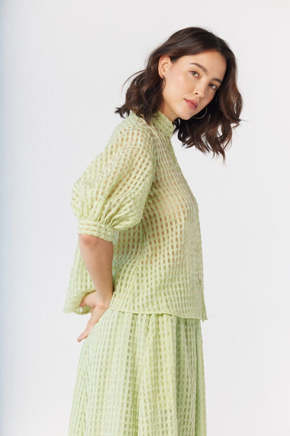 Livia Blouse in Pistachio Windowpane Cotton Blend Tops CHRISTINE ALCALAY