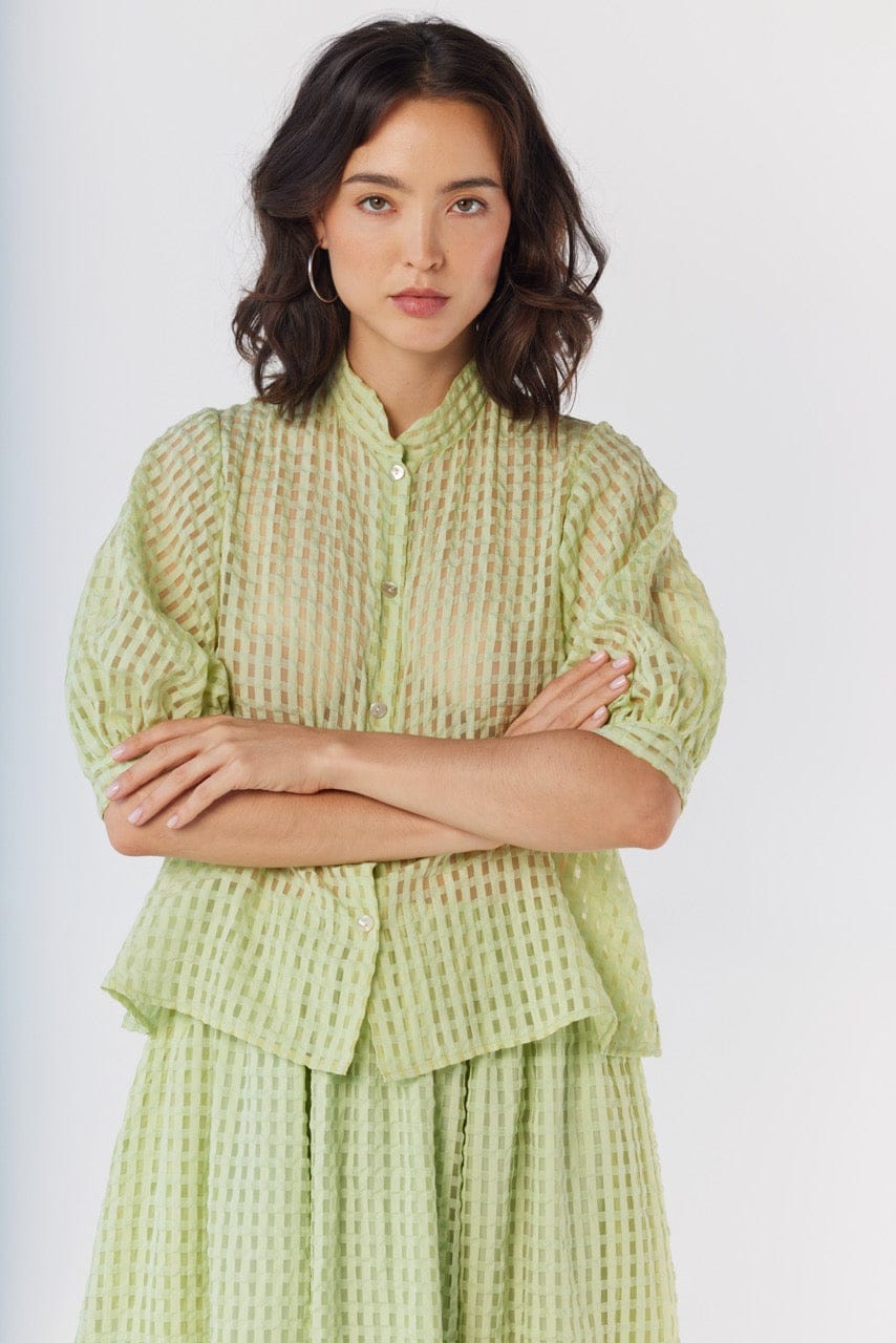 Livia Blouse in Pistachio Windowpane Cotton Blend Tops CHRISTINE ALCALAY Pistachio Extra Small