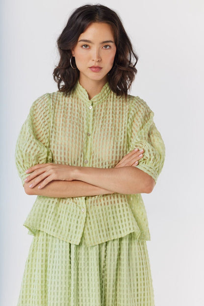 Livia Blouse in Pistachio Windowpane Cotton Blend Tops CHRISTINE ALCALAY Pistachio Extra Small