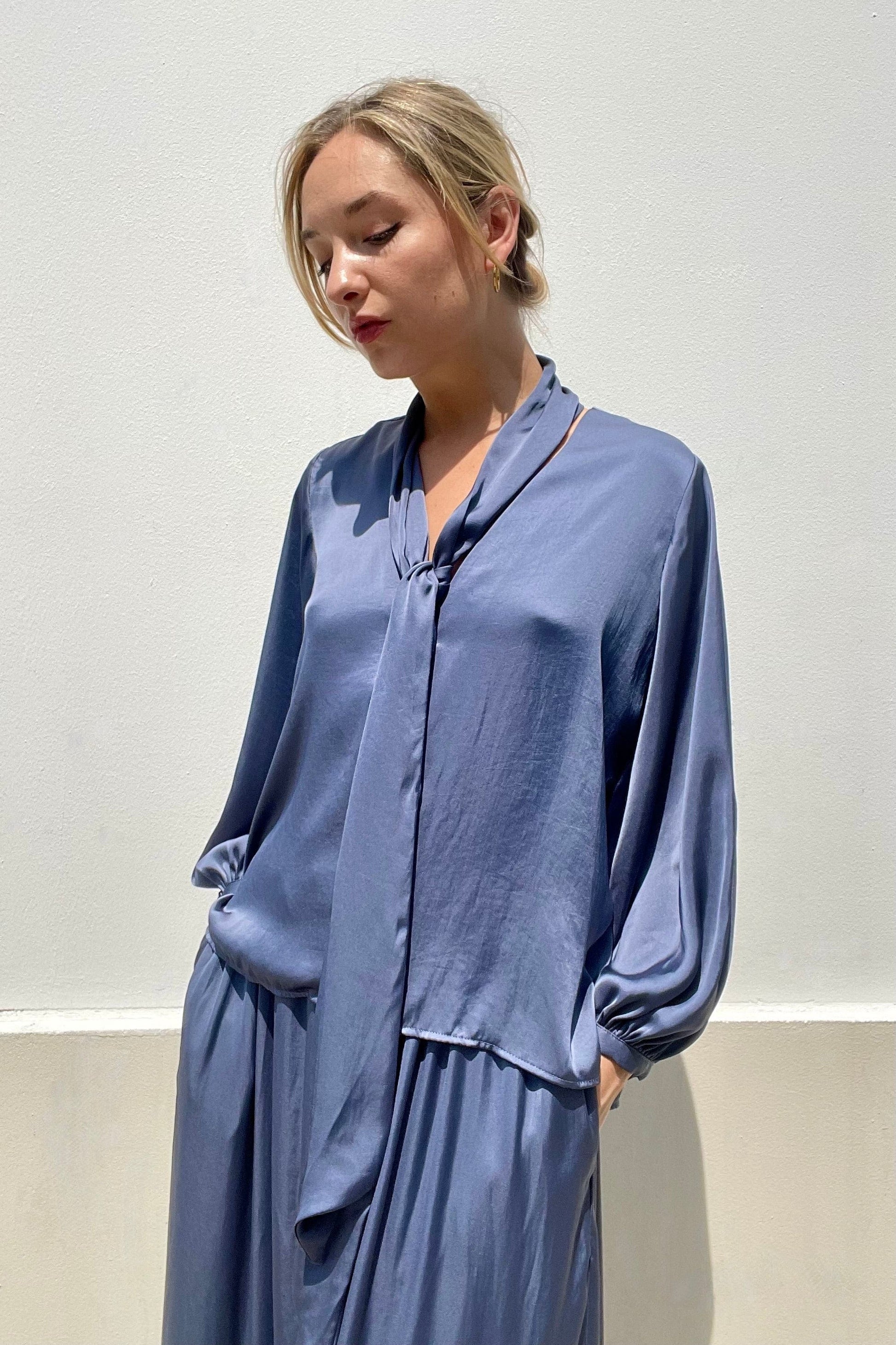 Trish Blouse in Japanese Charmeuse Tops CHRISTINE ALCALAY Slate Blue Extra Small 