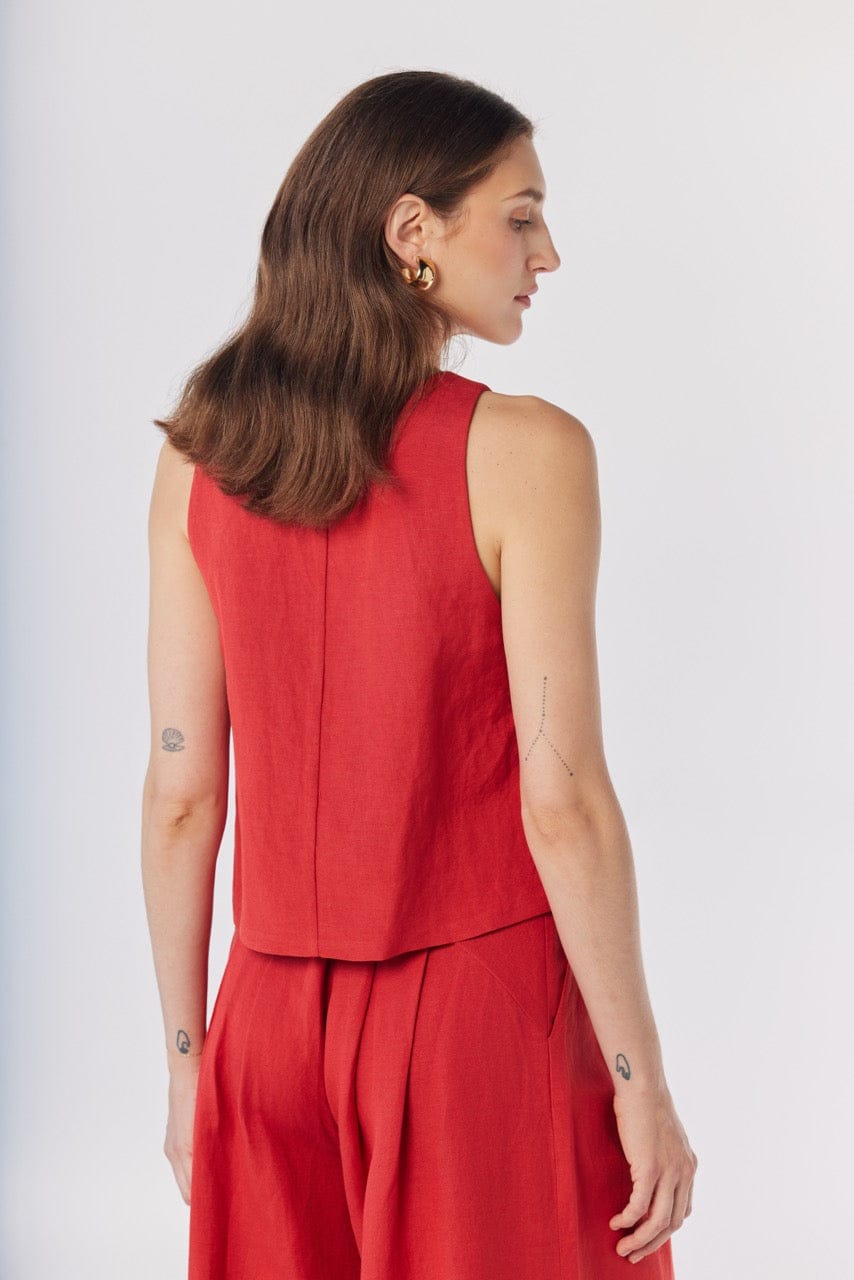 Viviane Tank in Cayenne Red Linen Blend Tops CHRISTINE ALCALAY