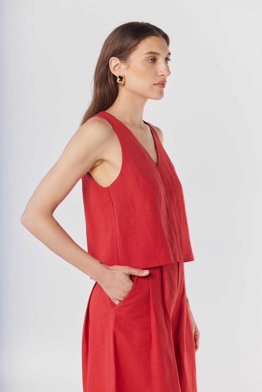 Viviane Tank in Cayenne Red Linen Blend Tops CHRISTINE ALCALAY