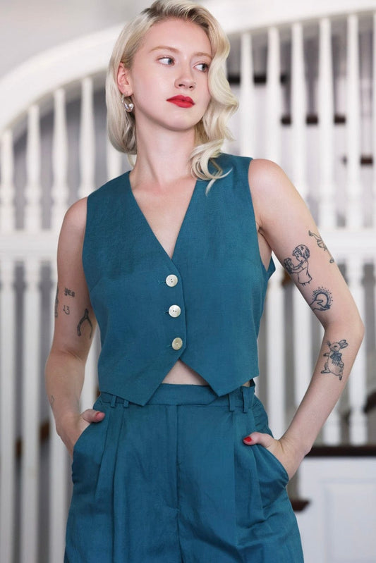 Diane Tailored V Neck Vest in Linen - Oat Vests CHRISTINE ALCALAY