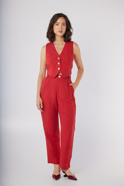 Diane Vest in Cayenne Red Linen Blend Vests CHRISTINE ALCALAY