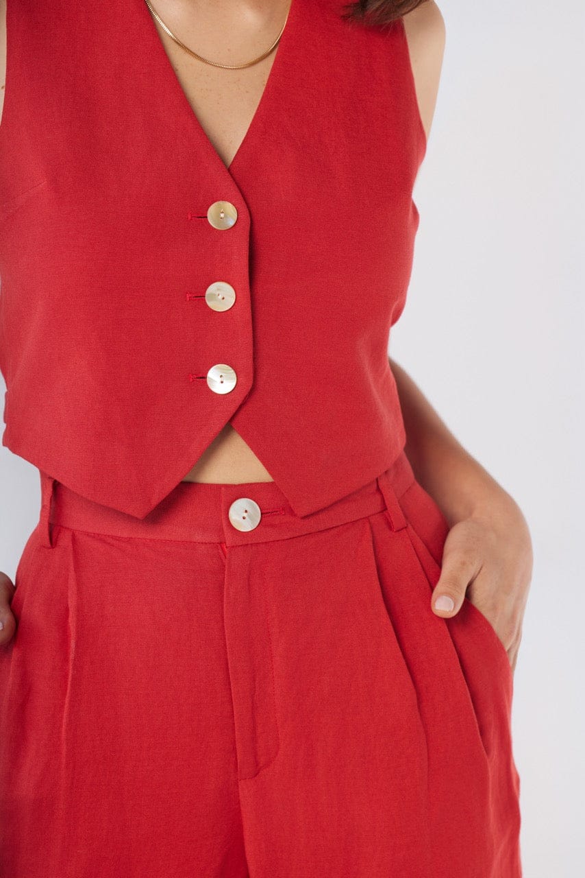 Diane Vest in Cayenne Red Linen Blend Vests CHRISTINE ALCALAY