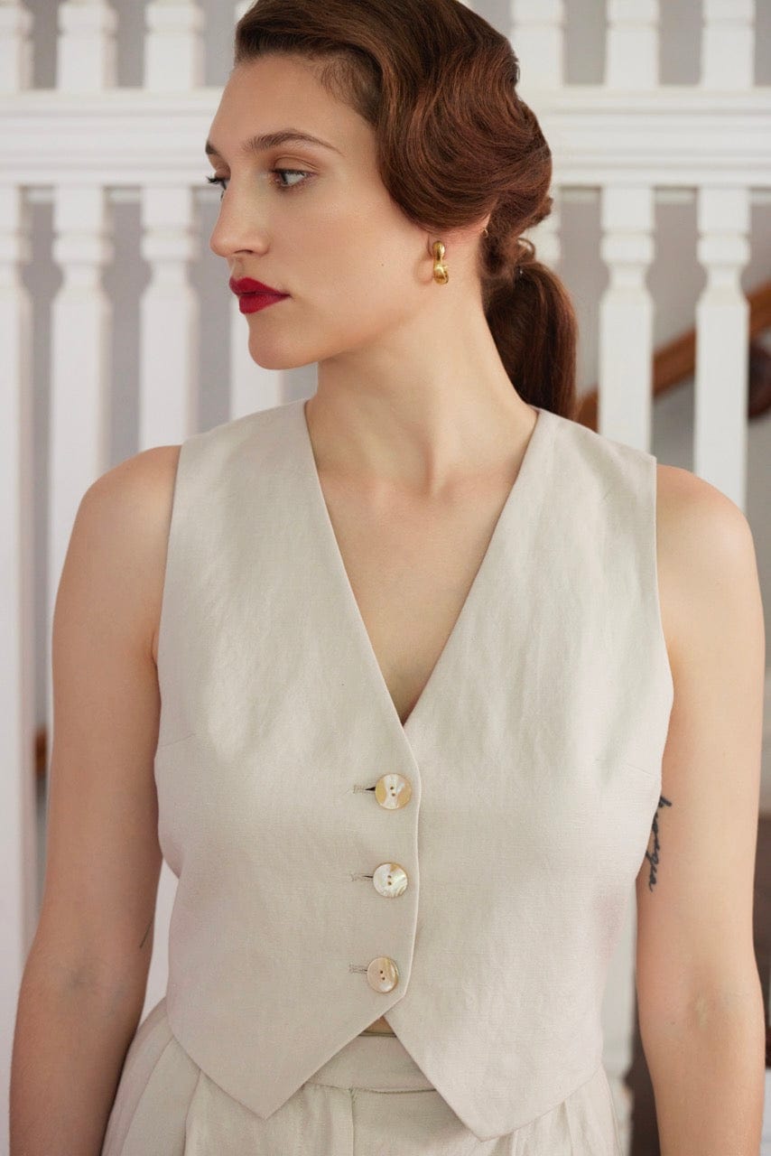 Diane Vest in Oyster Linen Blend Vests CHRISTINE ALCALAY