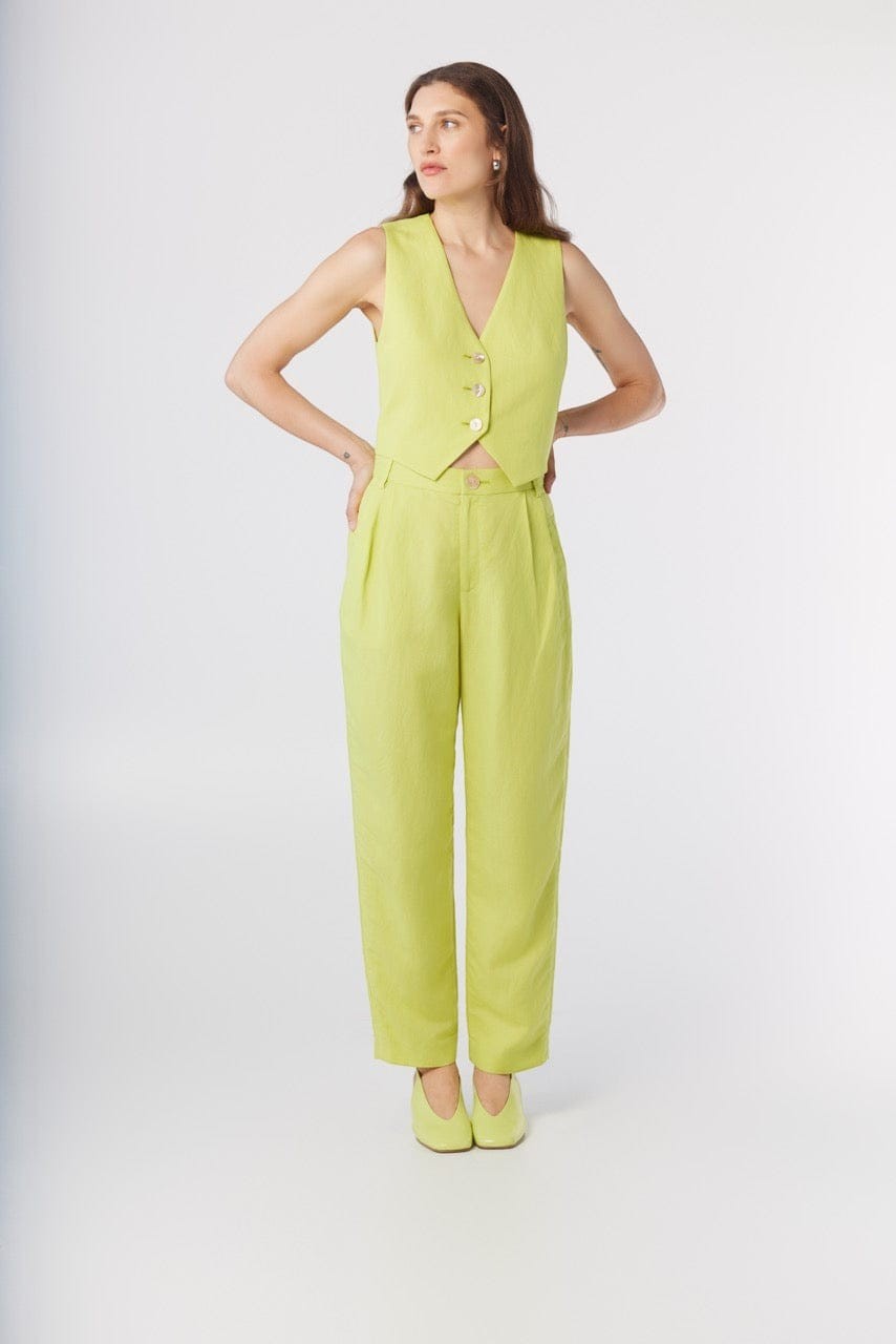 Diane Tailored V Neck Vest in Linen Vests CHRISTINE ALCALAY Lemongrass Extra Small