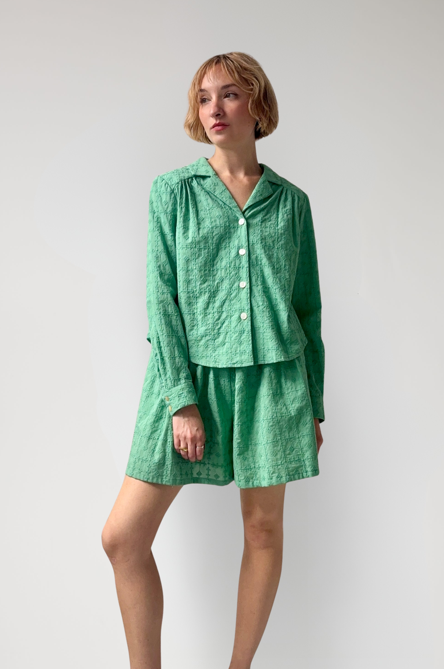Gigi Shorts in Jade Green Embroidered Cotton Shorts CHRISTINE ALCALAY