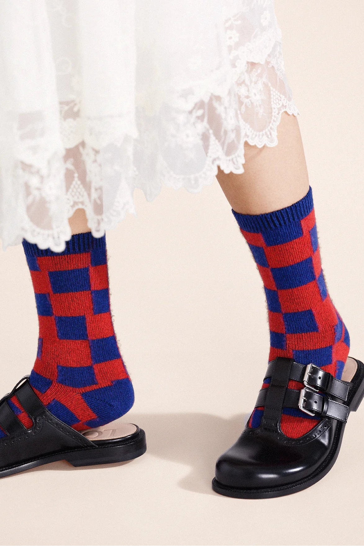 Dash Checkered Cashmere Crew Socks in Navy Socks Hansel from Basel