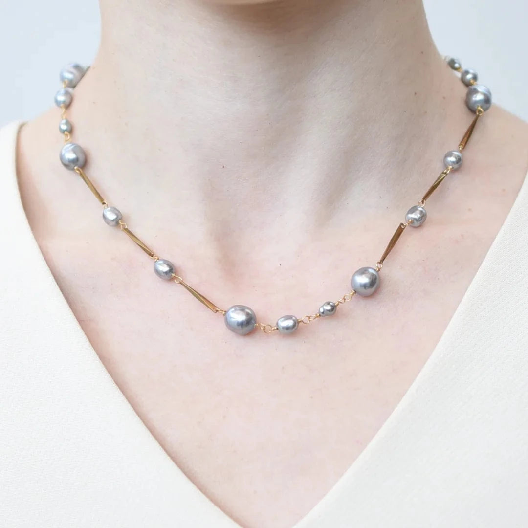 Glass Pearl Bar Chain Short Necklace Jewelry Monshiro