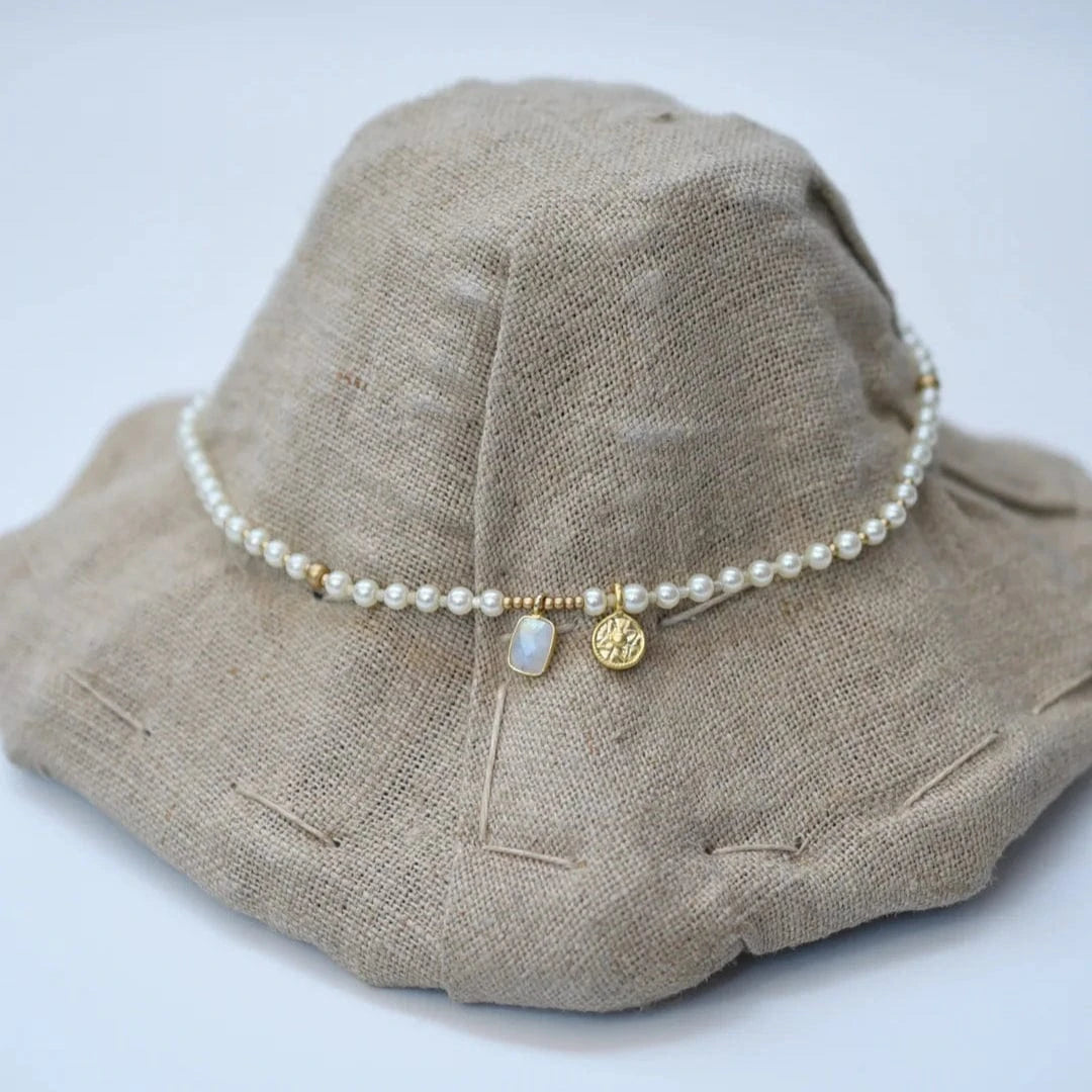 Moon Stone Charm and Pearl Necklace Jewelry Monshiro
