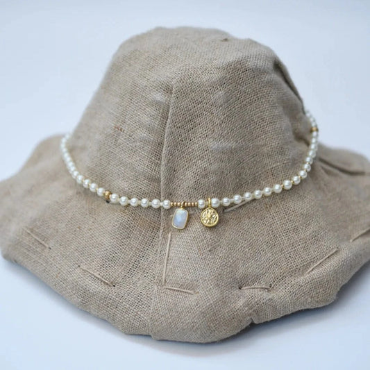 Moon Stone Charm and Pearl Necklace Jewelry Monshiro